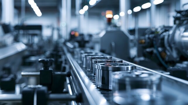 A detailed view of a modern automated production line featuring shiny metal surfaces and bright industrial lighting