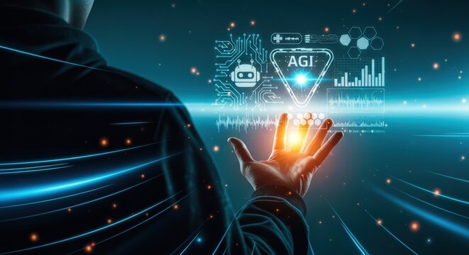 Hand interacting with AGI holographic interface in futuristic tech environment