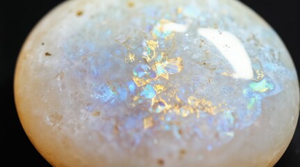 Obraz premium Polished moonstone shows milky sheen and color flashes. Smooth, shiny surface reflects bright light. Natural mineral glows with blue green and gold inclusions.