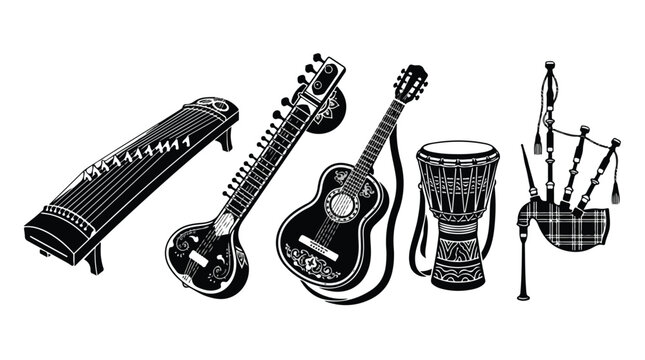 Collection of musical instruments including a keyboard, electric guitars, acoustic guitar, and percussion instruments
