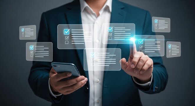 Businessman interacting with holographic checklists and smartphone for digital task management