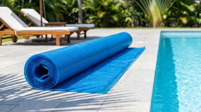 olled up blue solar pool cover on a stone deck next to a swimming pool on a bright sunny day. Concept of pool maintenance, energy efficiency, water conservation, and seasonal preparation