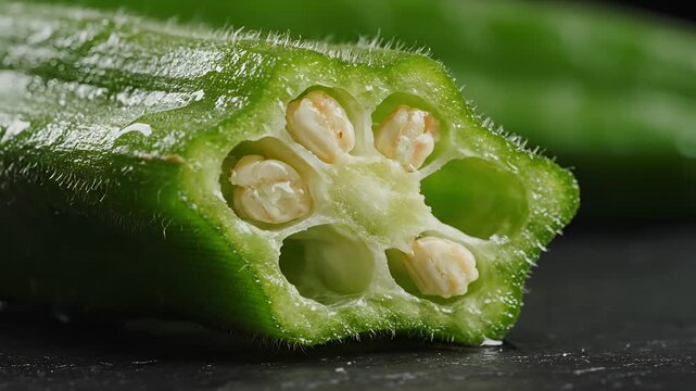 Close up macro shot of a fresh okra pod sliced in half revealing its seeds.