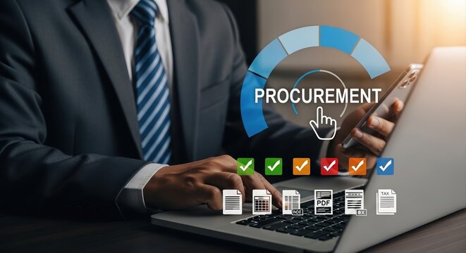 Business Professional Managing Procurement Workflow with Digital Tools on Laptop