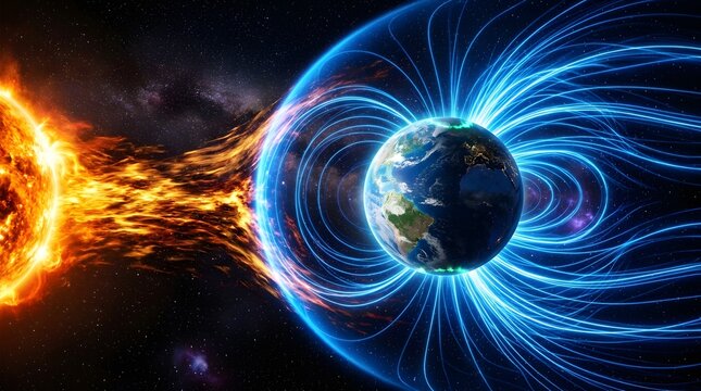 Solar wind and earth magnetic field interaction in space with magnetic astronomy radiation atmosphere magnetosphere universe