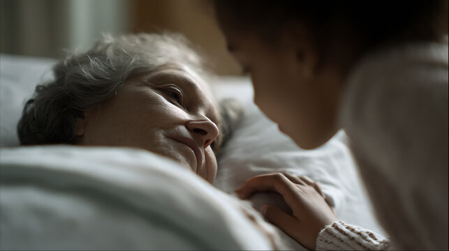 Tender moment as grandchild leans over adult bedridden elder, offering comfort and support with gentle hand hold in soft indoor light