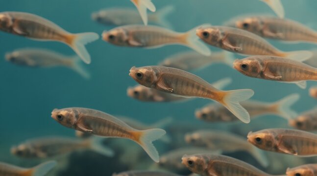 School of small fish swims underwater in blue sea. Tiny fishes move together in shoal through ocean water. Aquatic life of marine species in natural habitat.