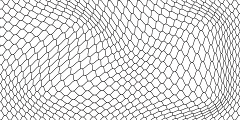 Fishing or soccer net. Repeated hexagon pattern. Black wired mesh texture isolated on white background. Metallic or fabric fence, cage or lattice structure. Vector graphic Illustration. © BAHAYA