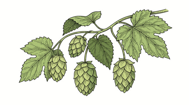 Humulus Lupulus Branch with Hops and Leaves Illustration