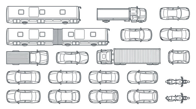 Outline illustrations of diverse top-down view land transport vehicles including cars, trucks, buses, and motorcycles