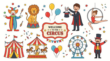 Welcome to the circus with performers, animals, attractions, and circus tent © RandikaCreations