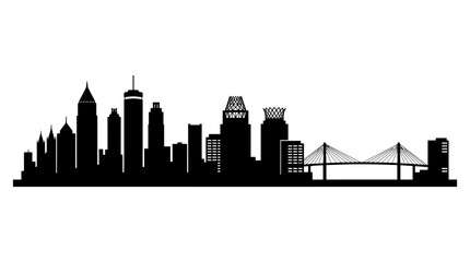 Obraz premium Modern city silhouette featuring a prominent urban skyline with diverse architectural structures and a long bridge