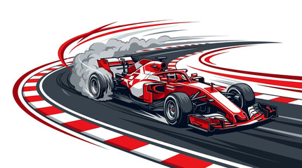 Vibrant illustration of a professional race car on a winding track, showcasing speed and agility with a smoke trail © RandikaCreations