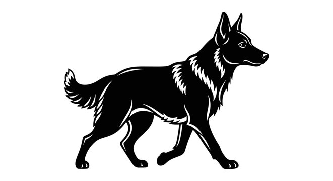 Strong black dog silhouette walking profile vector illustration, majestic canine graphic, isolated on white background for pet designs.