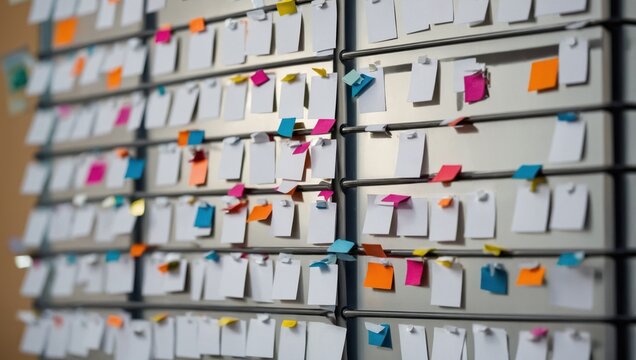 Perspective view of a white planning board with colorful paper stickers.