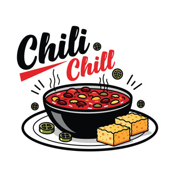 Vector illustration of a bowl of spicy chili with cornbread on a plate.