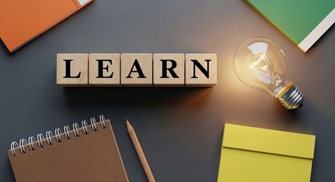LEARN Word Blocks with Study Tools and Light Bulb for Education Concept