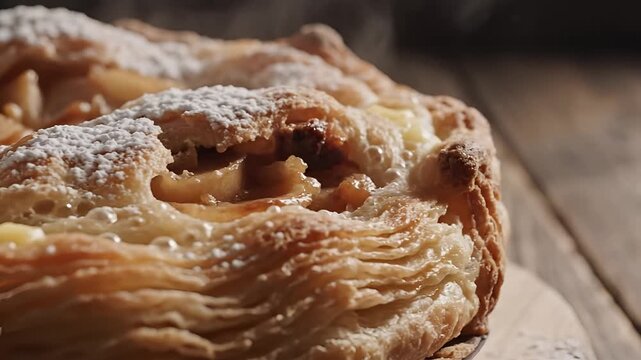 Closeup of a delicious freshly baked apple pie dusted with powdered sugar.