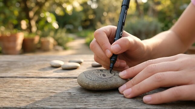 Closeup of a childs hands drawing a face on a smooth river stone with a black permanent marker outdoors on a wooden table