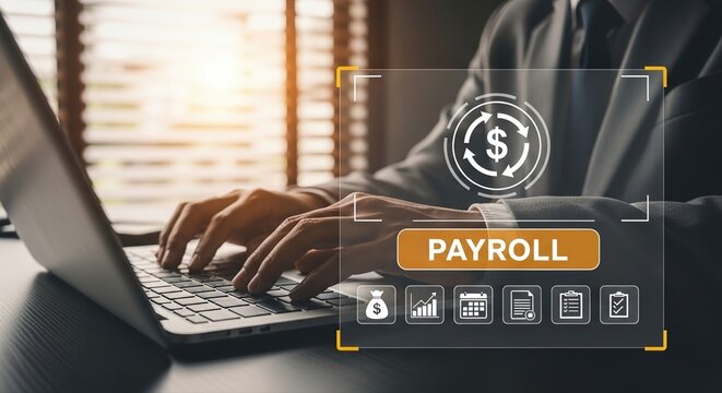 Corporate Employee Typing Payroll on Laptop with Financial Management Icons and Dollar Sign