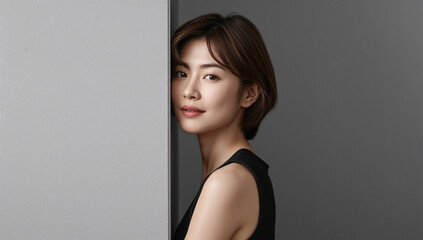 Fototapeta premium 余白のあるグレー背景で日本人女性が静かに見つめる広告写真