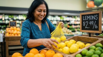 Obraz premium A mature Indian woman smiling while shopping for fresh lemons at a local supermarket produce department