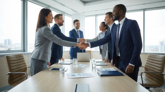 Diverse Group of Business Professionals Shaking Hands to Finalize a Deal in a Bright Modern Office