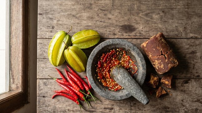Top View of Traditional Indonesian Sambal Ingredients: Fresh Green Star Fruits, Red Chilies, Palm Sugar Blocks, and Crushed Chili Paste in Stone Mortar on Rustic Wooden Table by Window