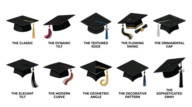 Group of graduation caps with tassels in various styles and textures arranged in a pattern on a white background