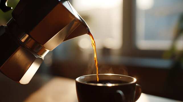 Warm morning light illuminates a fresh pour of aromatic coffee from a classic Italian-style stovetop brewer into a dark ceramic mug, steam rises gently
