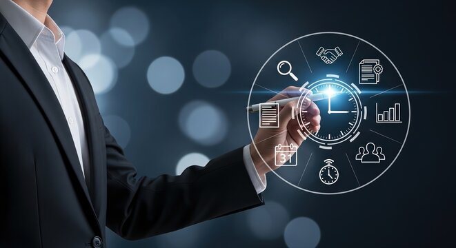 Businessman interacting with holographic digital time management interface