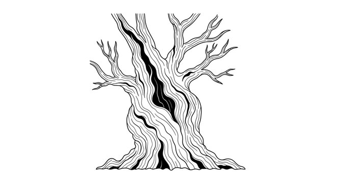 Detailed black and white hand-drawn illustration of an ancient, gnarled tree trunk with bare branches, showcasing nature's resilience.