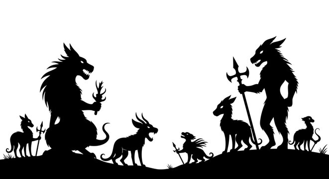 Dramatic silhouettes of dark fantasy monsters and mythical creatures, including demons and beasts, in a spooky, creepy, and scary scene.
