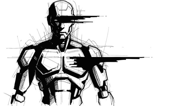 Stylized glitched humanoid robot illustration, black and white sketch, AI, cybernetic future, digital distortion, artificial intelligence