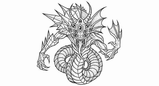 Intricate fantasy monster with multiple eyes, sharp fins, and a coiled serpentine body, detailed mythological creature illustration