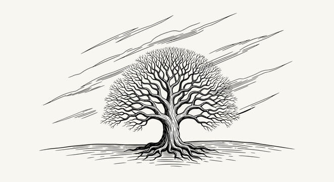 Detailed Engraving Style Illustration of a Bare Winter Tree with Intricate Branches and Strong Roots, Nature Symbolism