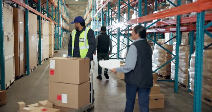 Angry, manager or problem in warehouse with order picking mistake, supply chain or logistics error. Frustrated, boss or people in wholesale factory with wrong shipment, inspection fail or kick boxes.