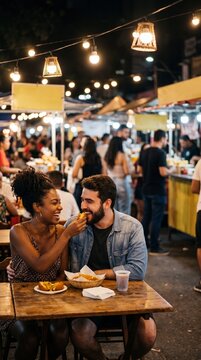 Romantic Couple Exploring a Trendy Urban Street Market Together at Night &ndash; Modern Valentine&rsquo;s Day Lifestyle With Warm Lights, Authentic City Atmosphere and Cinematic Emotional Connection
