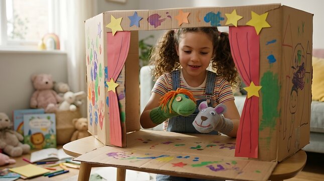 A happy young girl playing with handmade sock puppets behind a diy cardboard puppet theater in a cozy living room
