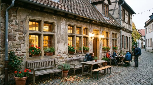 Charming hostel exterior on quiet historic street