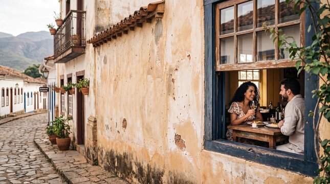 Romantic Couple Having Lunch Inside a Historic Minas Gerais Colonial Restaurant Seen Through a Traditional Window &ndash; Cinematic Valentine&rsquo;s Day Lifestyle With Elegant Copy Space and Authentic Brazilian 