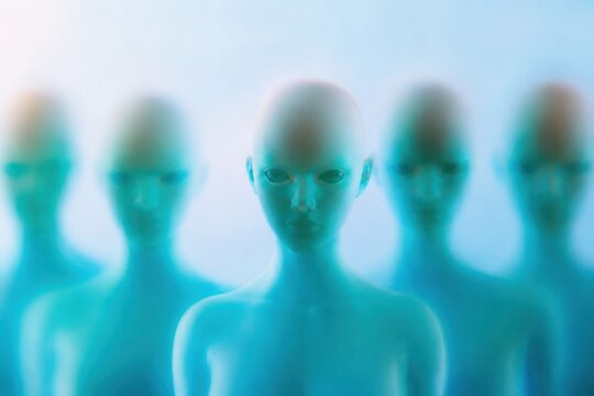 Mysterious alien figures emerging from blue fog in cinematic light, conceptual scene about UFO disclosure, extraterrestrial revelation, secret contact, conspiracy theories and unknown life forms
