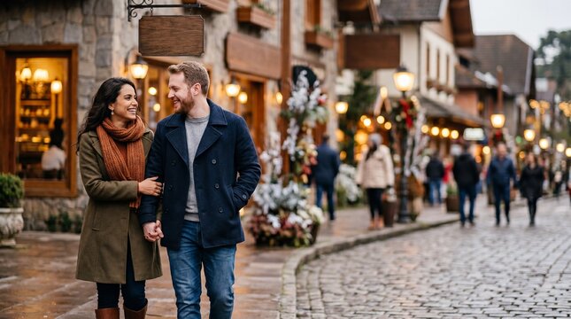 Romantic Couple Walking Through the Charming Streets of Gramado During Cold Weather &ndash; Cinematic Valentine&rsquo;s Day Travel Lifestyle With Cozy Winter Fashion and Elegant Mountain Town Atmosphere

