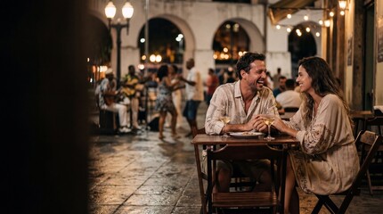Obraz premium Elegant Romantic Couple Meeting at a Bohemian Bar in Lapa, Rio de Janeiro – Cinematic Valentine’s Day Urban Lifestyle With Authentic Carioca Nightlife and Sophisticated Emotional Atmosphere 