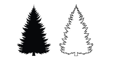 Obraz premium Fir tree silhouettes and line art on a white background
