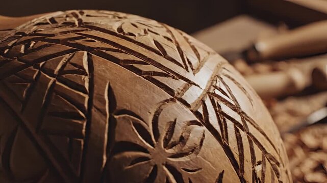 Closeup of intricate wood carving on a curved surface with tools in background.