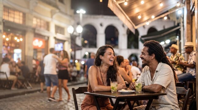 Elegant Romantic Couple Meeting at a Bohemian Bar in Lapa, Rio de Janeiro &ndash; Cinematic Valentine&rsquo;s Day Urban Lifestyle With Authentic Carioca Nightlife and Sophisticated Emotional Atmosphere
