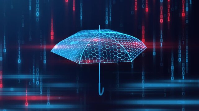 Abstract Animation Loop of a 3D Umbrella Shield Protecting Against Cyber Rain. Cybersecurity technology, digital data protection and network security assurance animated concept on a blue background.