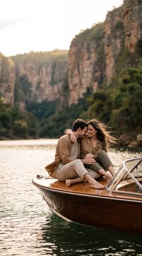 Romantic Couple Enjoying a Speedboat Ride Through the Canyons of Capit&oacute;lio, Minas Gerais &ndash; Cinematic Valentine&rsquo;s Day Travel Lifestyle With Scenic Lake Views and Authentic Brazilian Adventure Atmospher