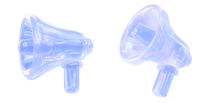 3D Iridescent Glass Megaphone Icon Front and Side View
